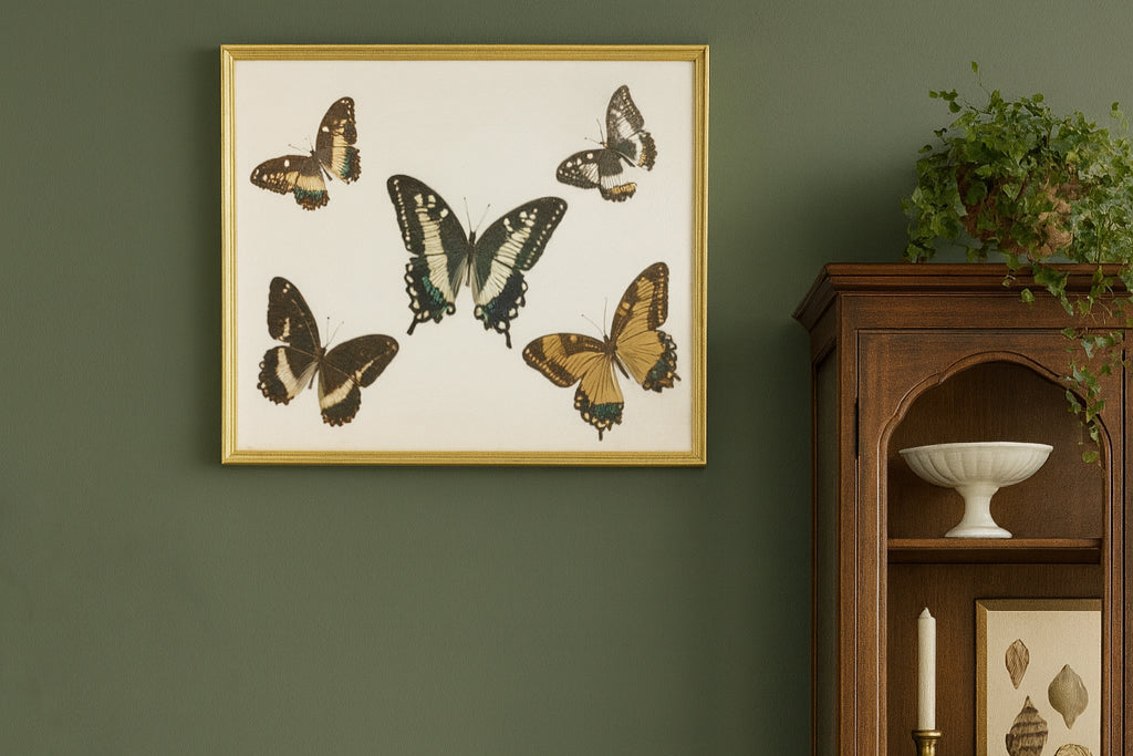 Decorative interior with butterfly artwork on a green wall, wooden cabinet, and bookshelf.